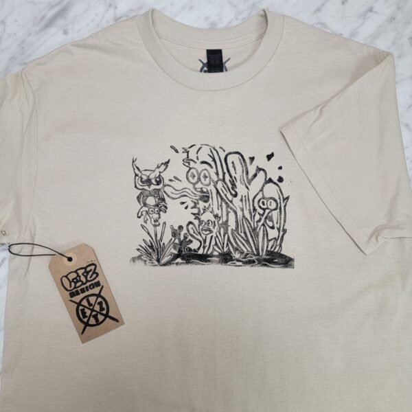 Southwest Cactus Cartoon T-Shirt | Hand-Printed Desert Cactus Graphic Tee Lino Printed - Image 2