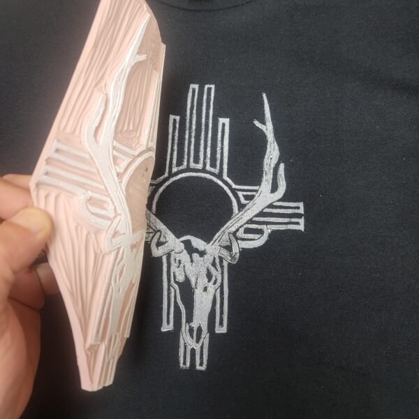 Hand Printed New Mexico Zia Symbol Elk Skull Southwestern T-Shirt Lino Print - Image 6