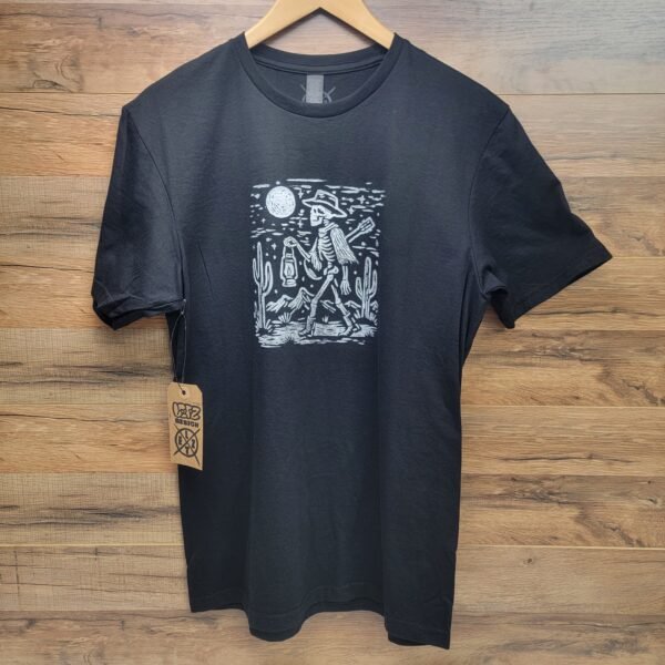 Desert Night Cactus Skeleton Cowboy T-Shirt Hand Printed Lino Printed - Image 4
