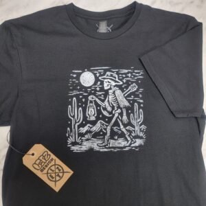 Desert Night Cactus Skeleton Cowboy T-Shirt Hand Printed Lino Printed