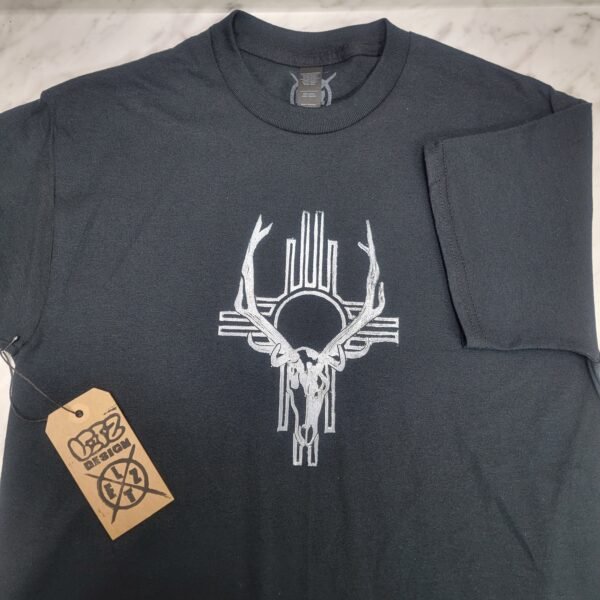 Hand Printed New Mexico Zia Symbol Elk Skull Southwestern T-Shirt Lino Print